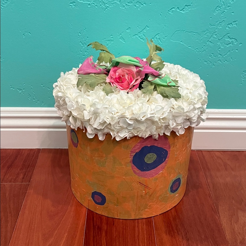 Floral Round Decorative Box with White and Pink Accents